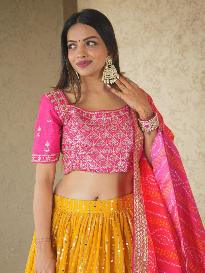 Glamorous Yellow Sequins Georgette Haldi Wear Lehenga Choli