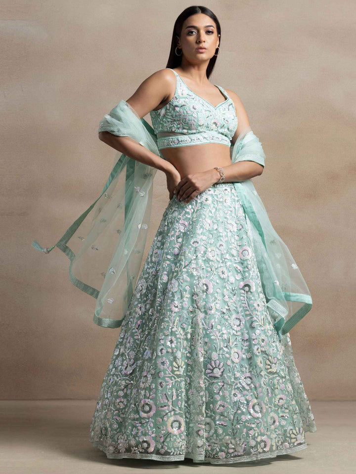 Beautiful Blue Sequins Net Engagement Wear Lehenga Choli With Dupatta