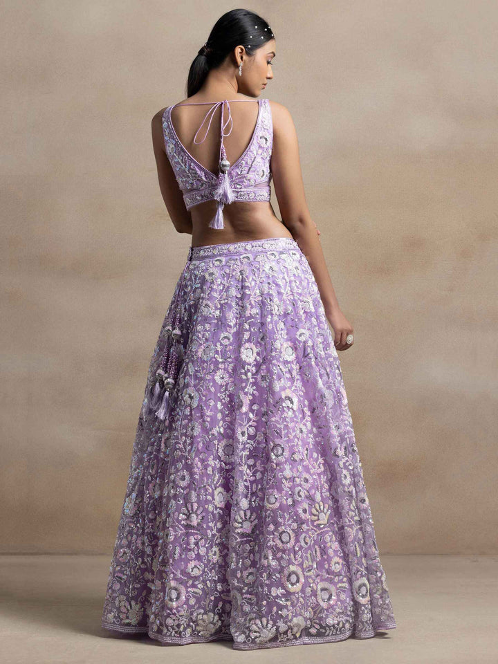Surprising Lavender Sequins Net Reception Wear Lehenga Choli