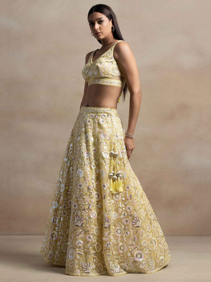Unique Yellow Sequins Net Haldi Wear Lehenga Choli With Dupatta