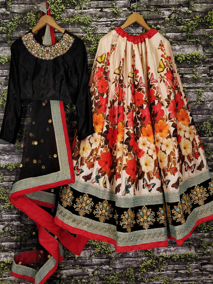 Beautiful Cream Floral Printed Silk Wedding Lehenga Choli With Dupatta