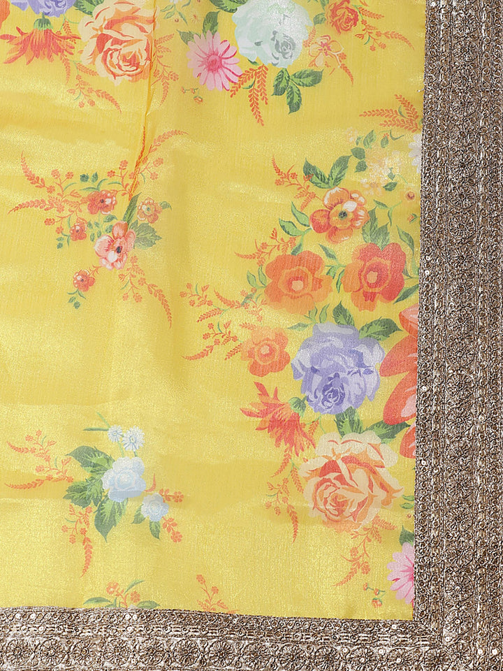 Charming Yellow Floral Printed Organza Wedding Wear Lehenga Choli