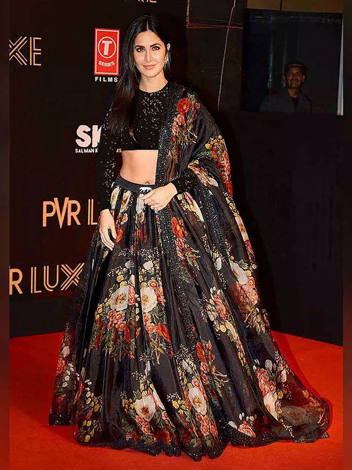 Beautiful Black Floral Printed Organza Reception Wear Lehenga Choli