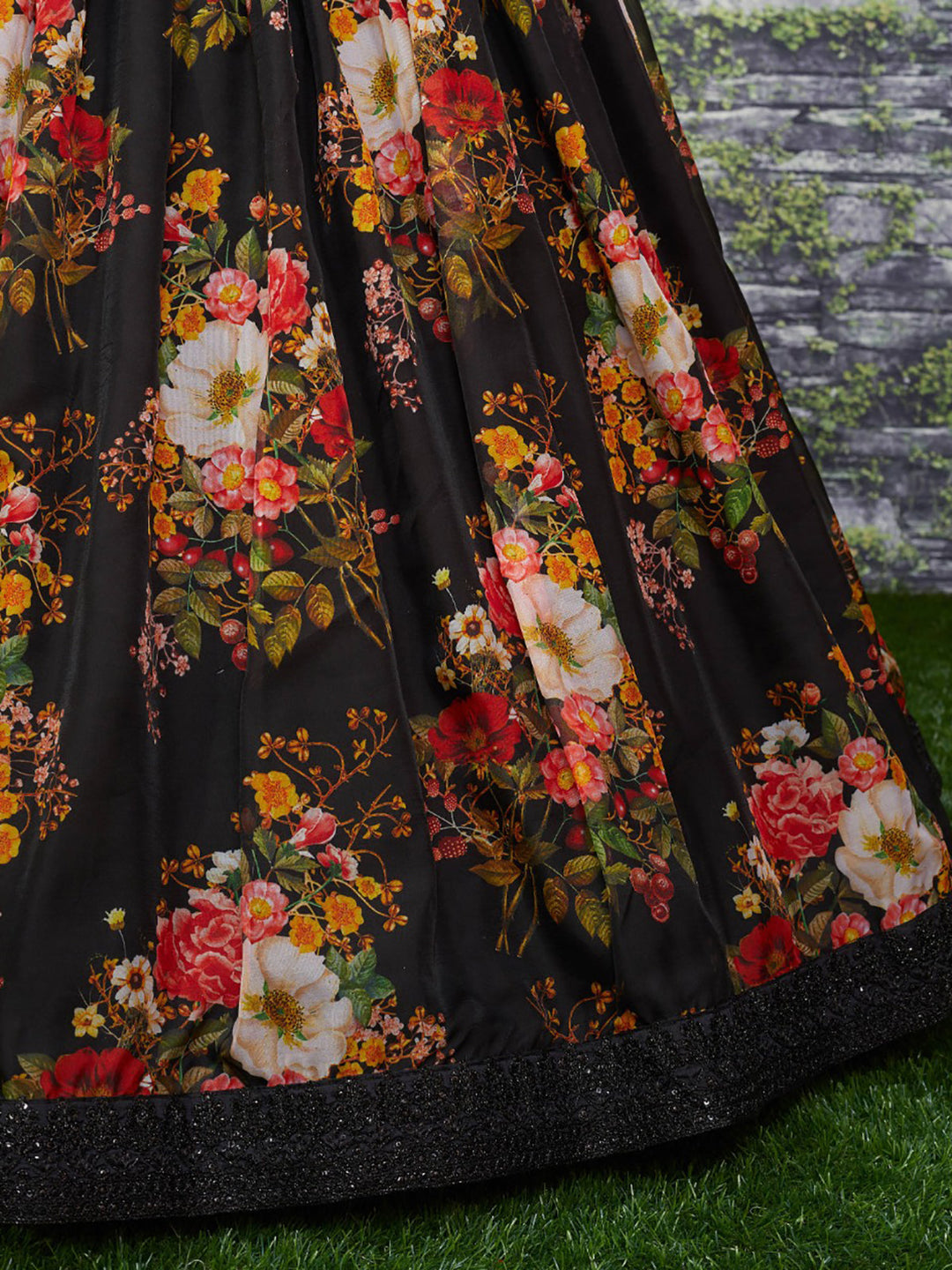 Beautiful Black Floral Printed Organza Reception Wear Lehenga Choli