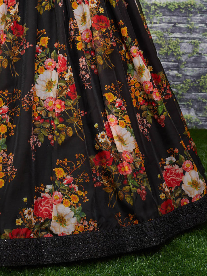 Beautiful Black Floral Printed Organza Reception Wear Lehenga Choli