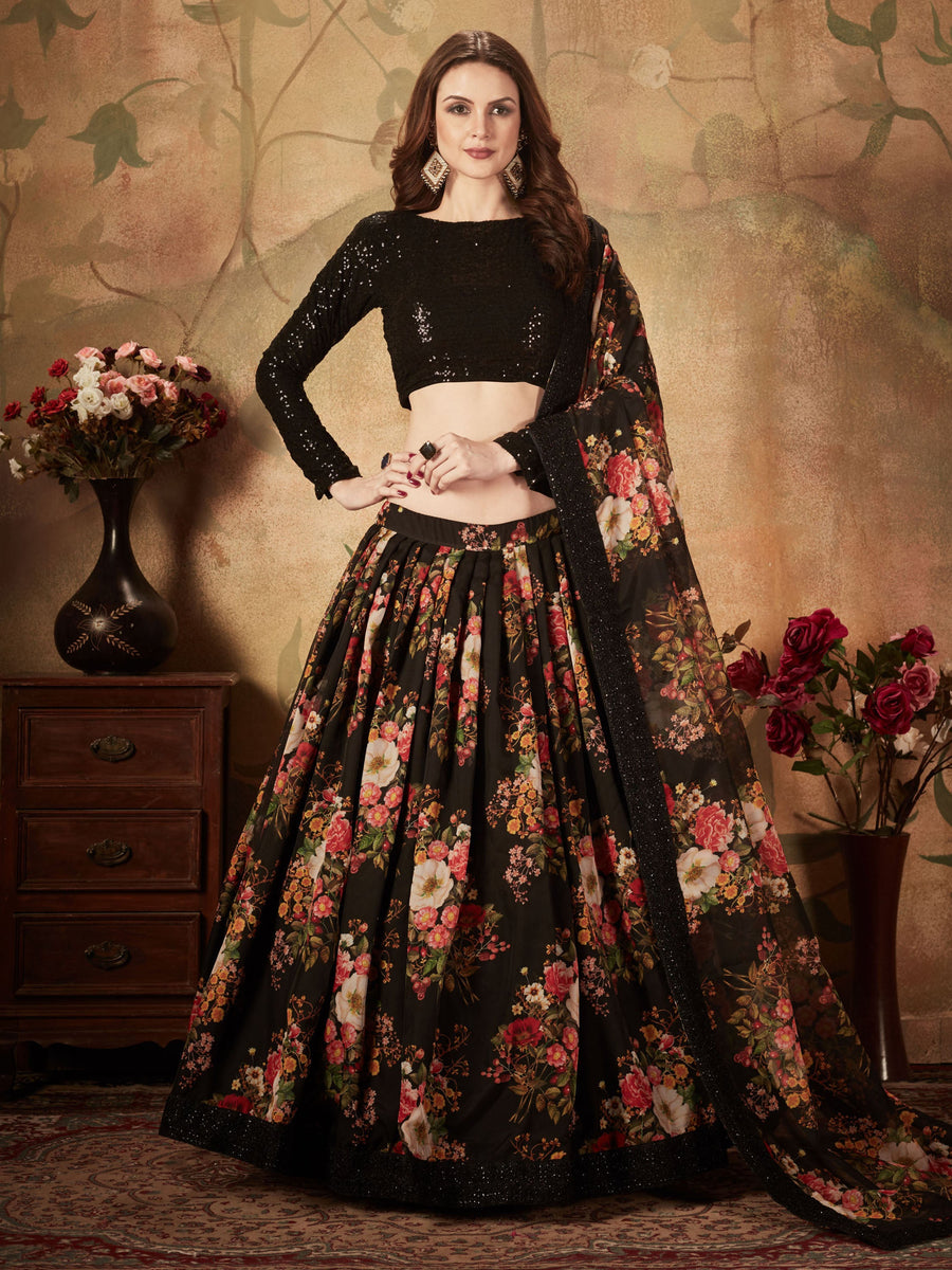 Beautiful Black Floral Printed Organza Reception Wear Lehenga Choli