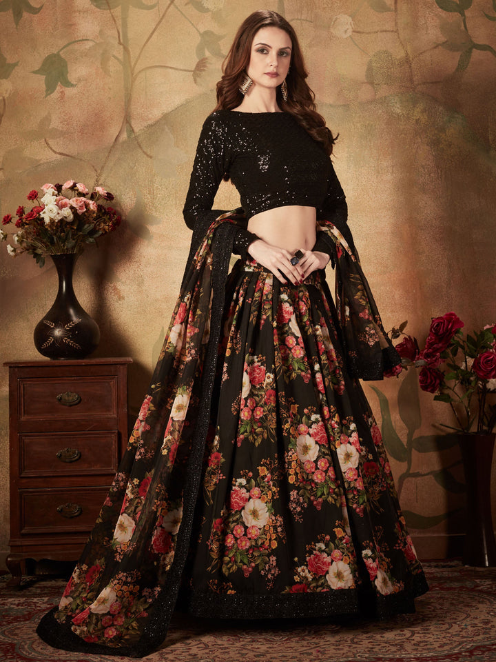 Beautiful Black Floral Printed Organza Reception Wear Lehenga Choli