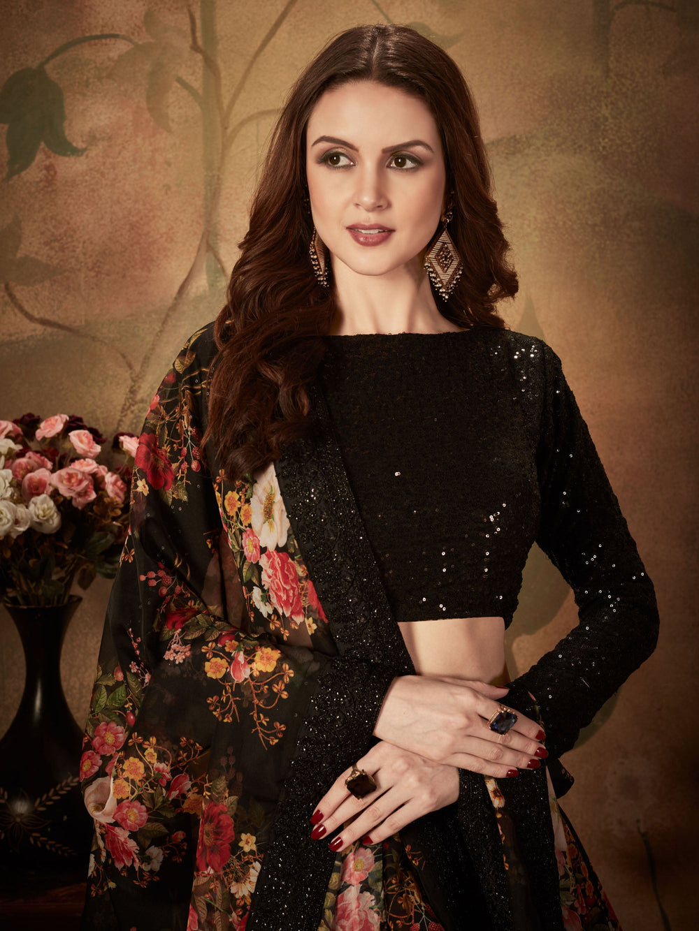 Beautiful Black Floral Printed Organza Reception Wear Lehenga Choli