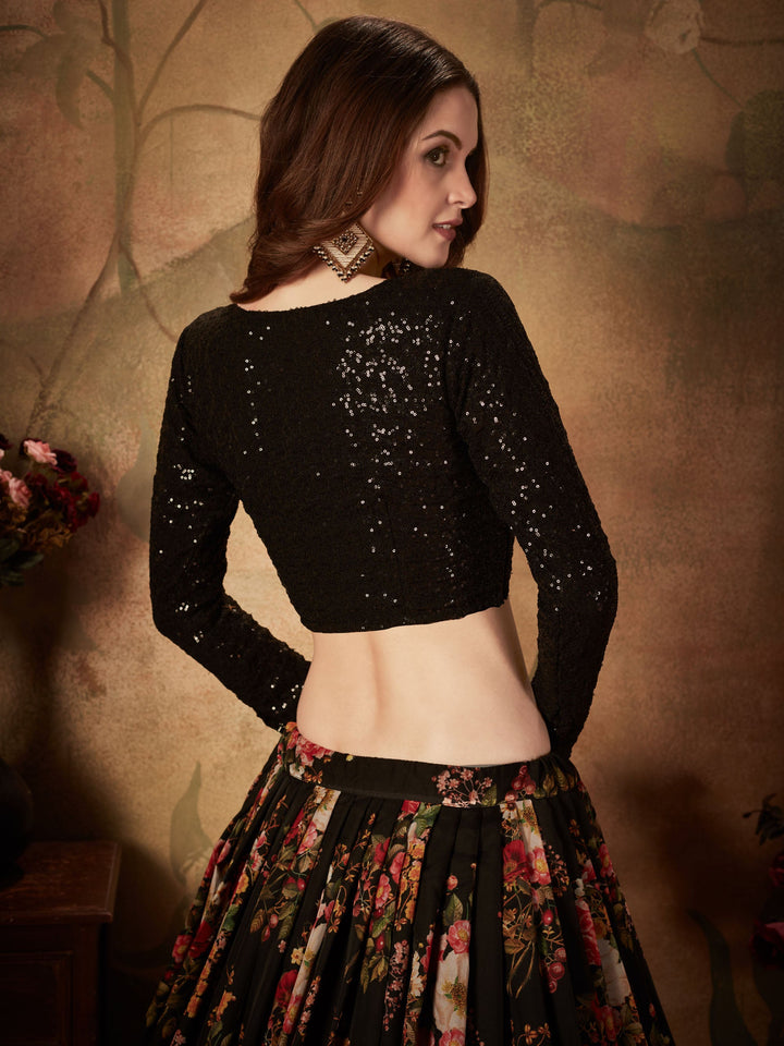 Beautiful Black Floral Printed Organza Reception Wear Lehenga Choli