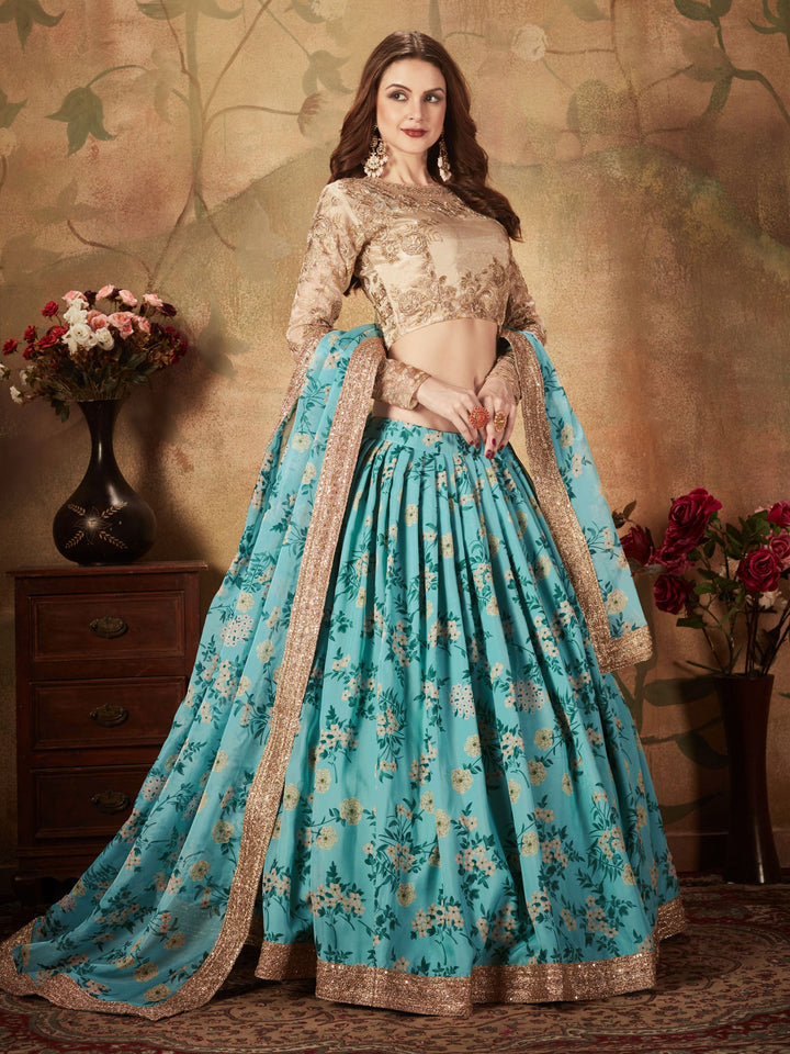 Enchanting Sky Blue Floral Printed Organza Wedding Lehenga Choli
