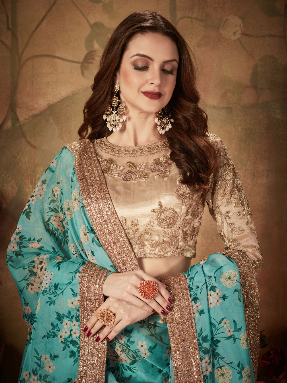 Enchanting Sky Blue Floral Printed Organza Wedding Lehenga Choli