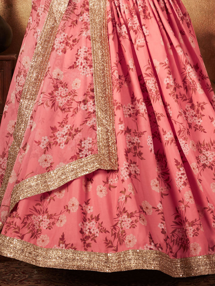 Gorgeous Pink Floral Printed Organza Bridesmaid Lehenga Choli