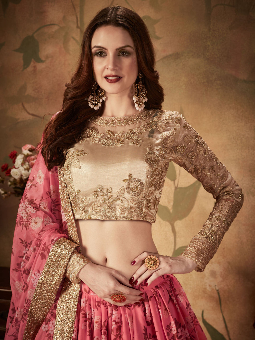 Gorgeous Pink Floral Printed Organza Bridesmaid Lehenga Choli