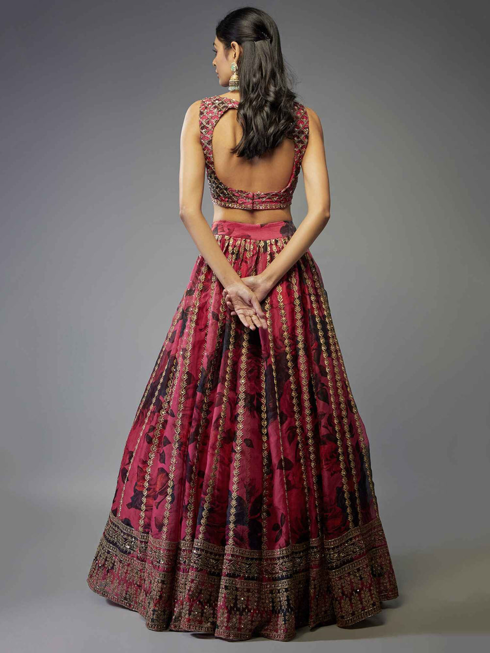 Glamorous Coral Pink Floral Printed Organza Reception Lehenga Choli