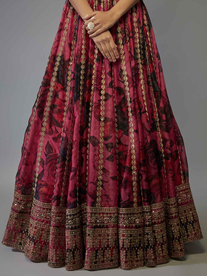 Glamorous Coral Pink Floral Printed Organza Reception Lehenga Choli