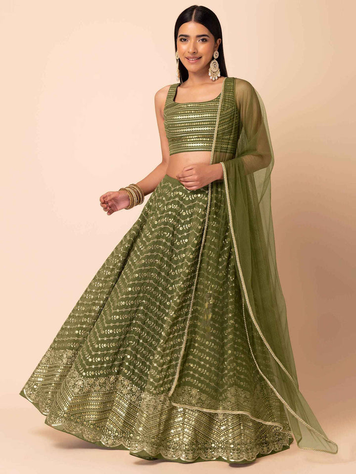 Ravishing Green Zari Embroidery Georgette Mehendi Wear Lehenga Choli