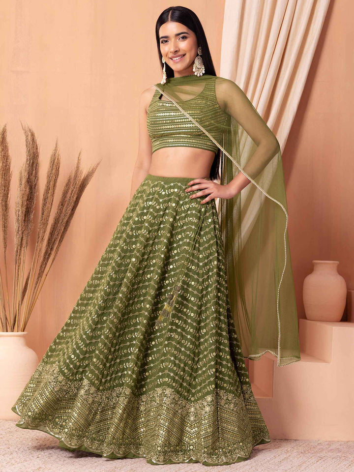 Ravishing Green Zari Embroidery Georgette Mehendi Wear Lehenga Choli
