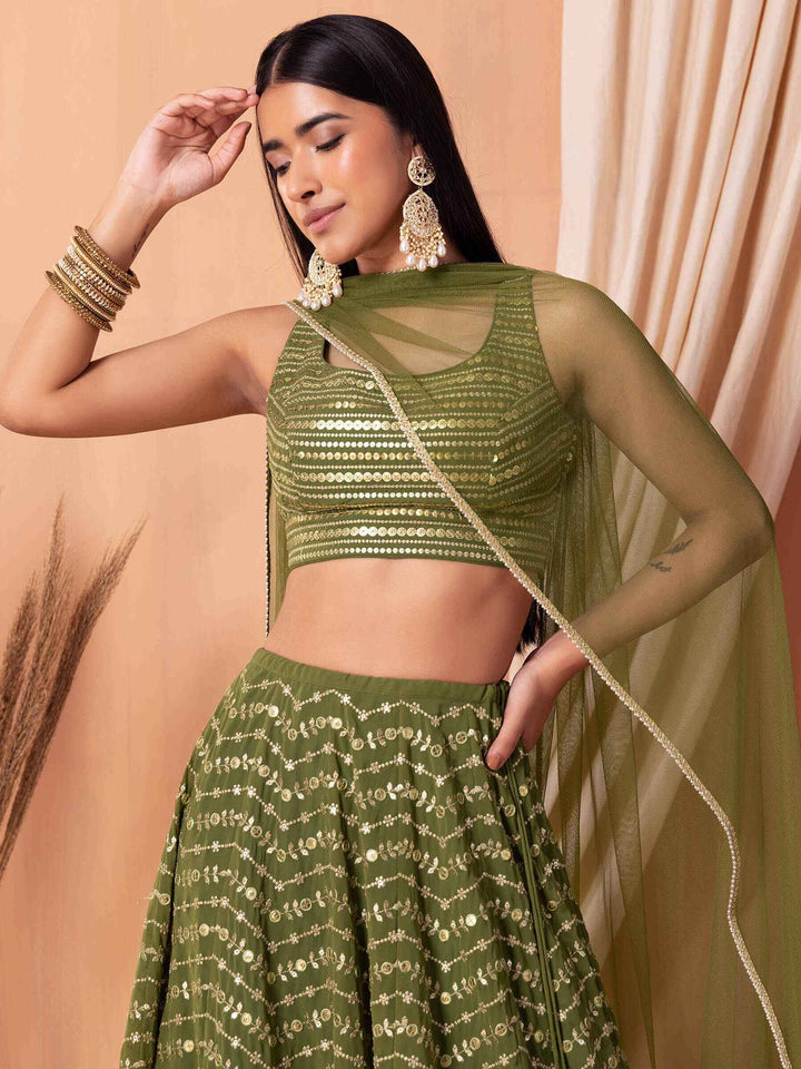 Ravishing Green Zari Embroidery Georgette Mehendi Wear Lehenga Choli