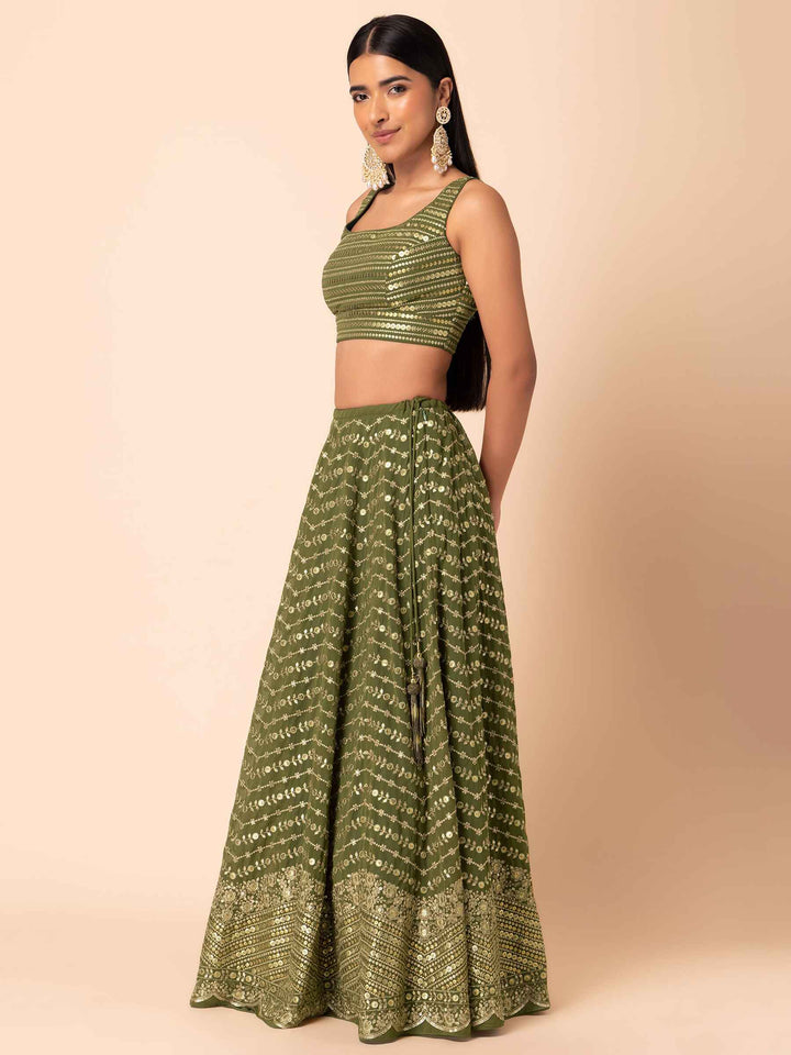 Ravishing Green Zari Embroidery Georgette Mehendi Wear Lehenga Choli