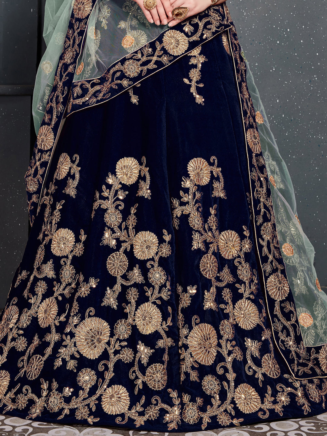 Attractive Navy Blue Zari Embroidered Velvet Wedding Lehenga Choli