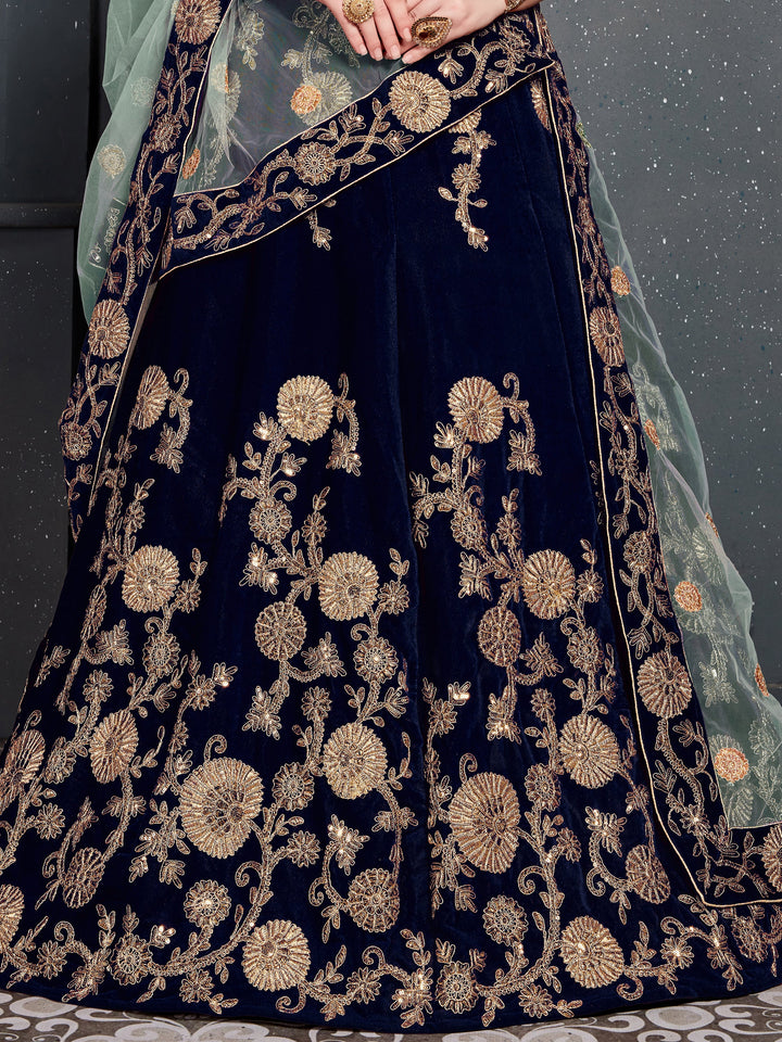 Attractive Navy Blue Zari Embroidered Velvet Wedding Lehenga Choli