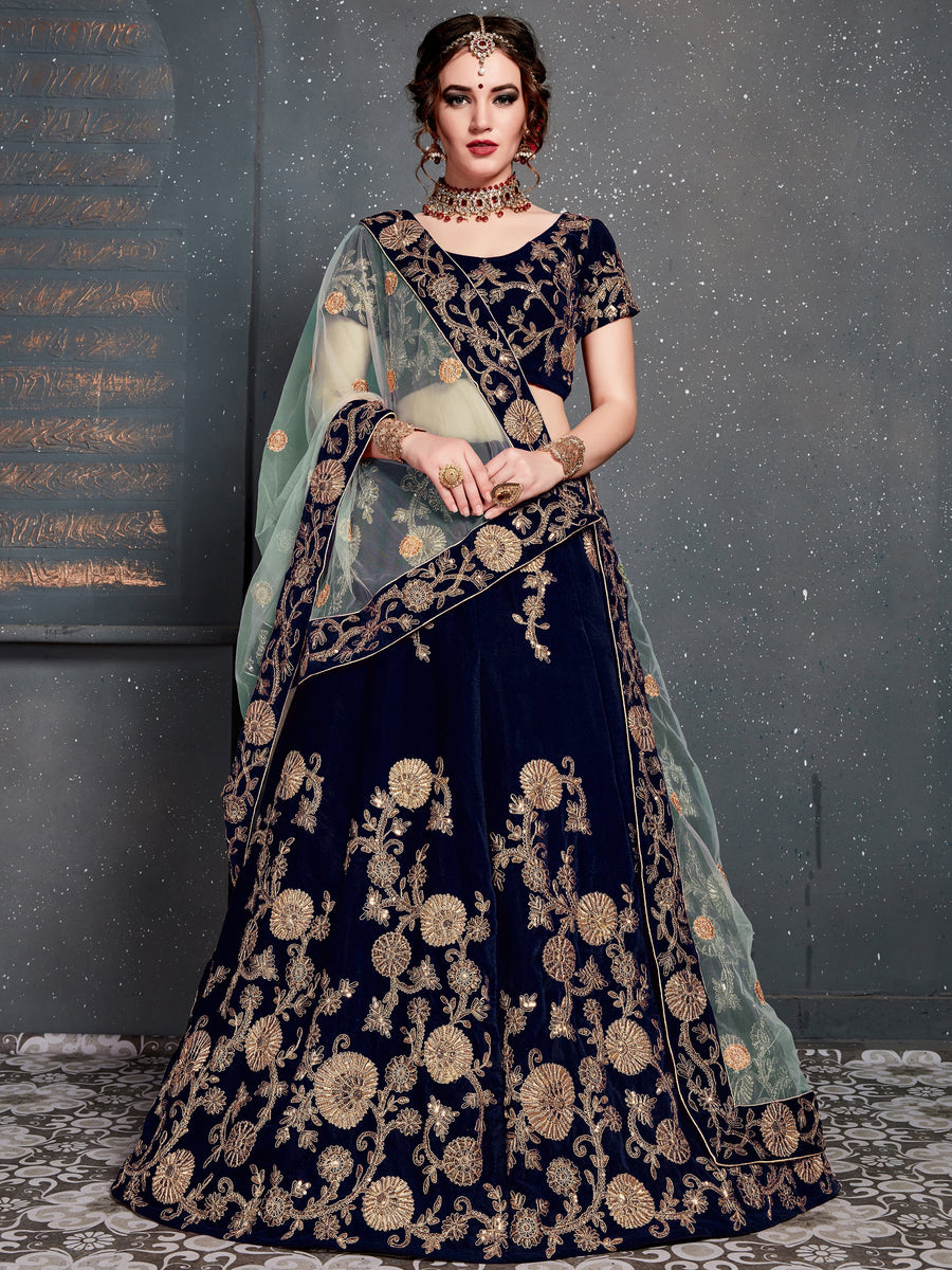 Attractive Navy Blue Zari Embroidered Velvet Wedding Lehenga Choli