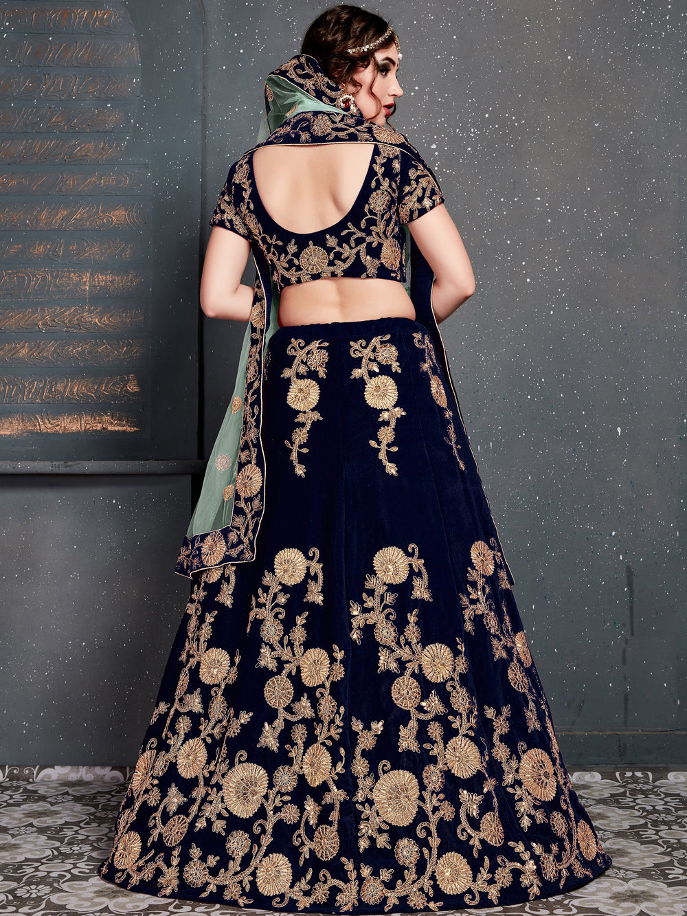 Attractive Navy Blue Zari Embroidered Velvet Wedding Lehenga Choli