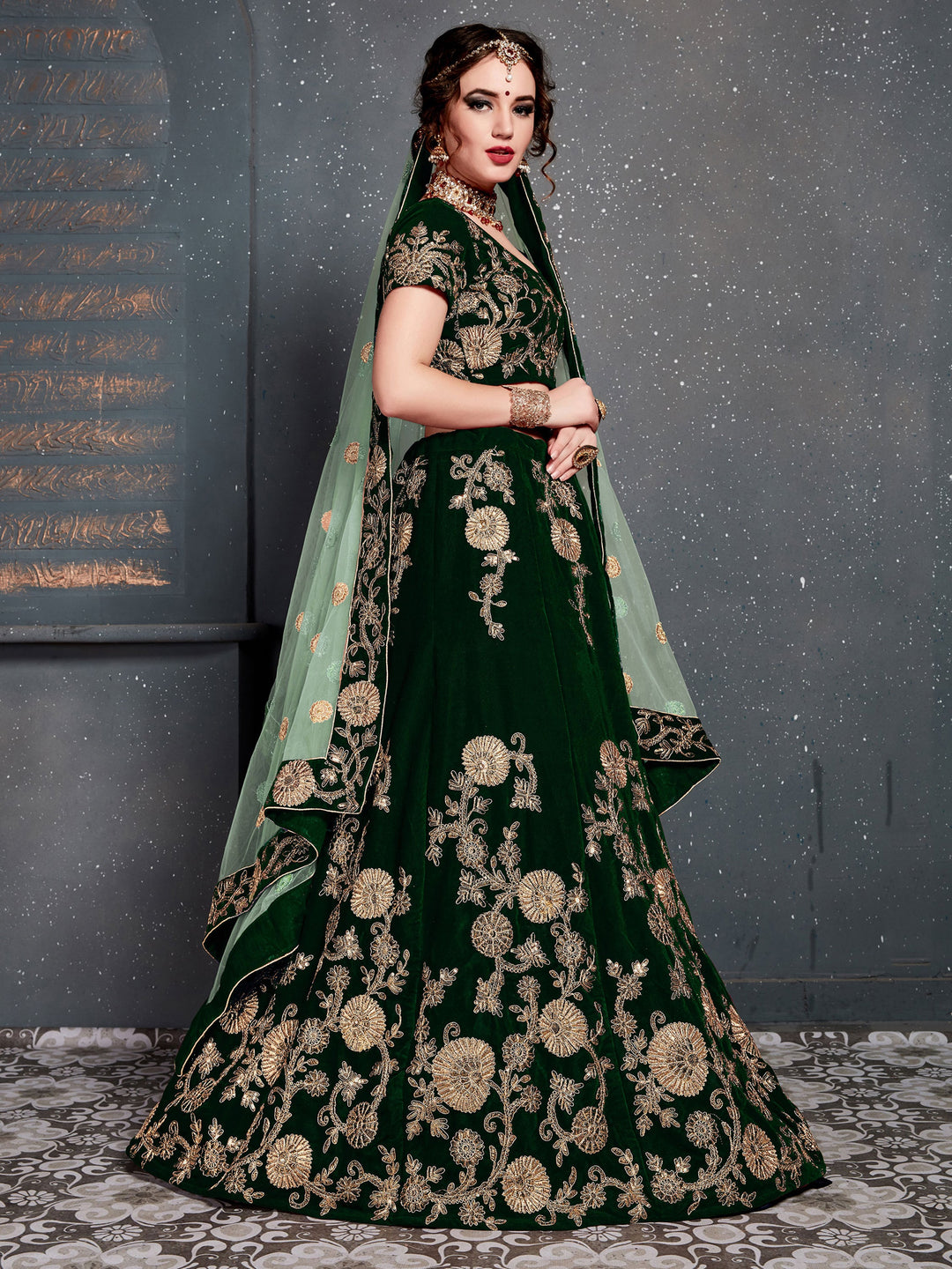 Lovely Dark Green Zari Embroidered | Velvet Lehenga Choli With Dupatta Edition