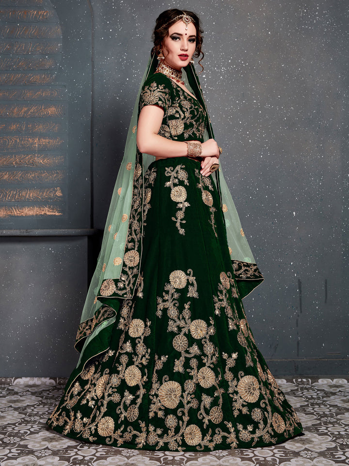 Lovely Dark Green Zari Embroidered | Velvet Lehenga Choli With Dupatta Edition