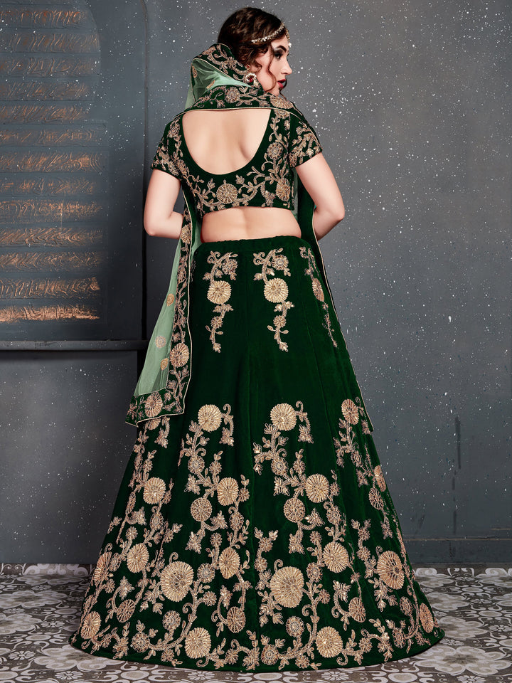 Lovely Dark Green Zari Embroidered Velvet Lehenga Choli With Dupatta