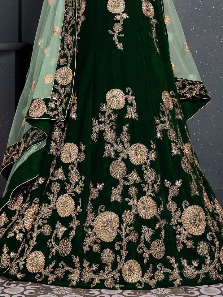 Lovely Dark Green Zari Embroidered Velvet Lehenga Choli With Dupatta