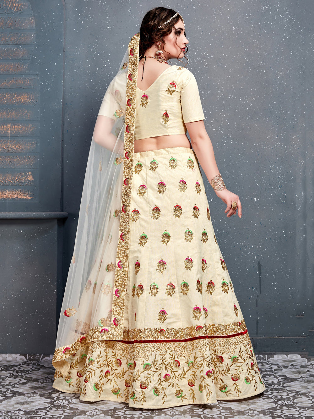 Charming Cream Zari Embroidered Silk Wedding Lehenga Choli