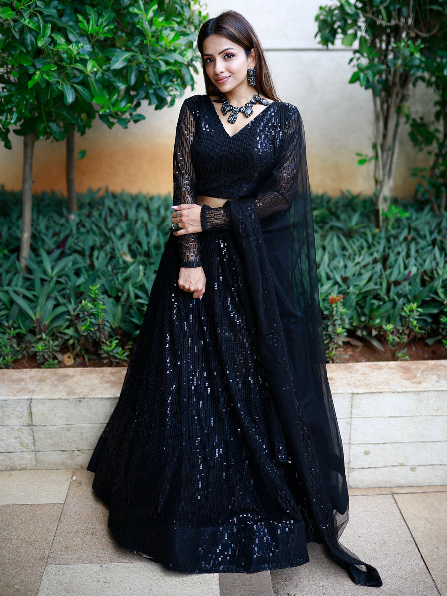 Incredible Black Sequins Net Reception Wear Lehenga Choli With Dupatta