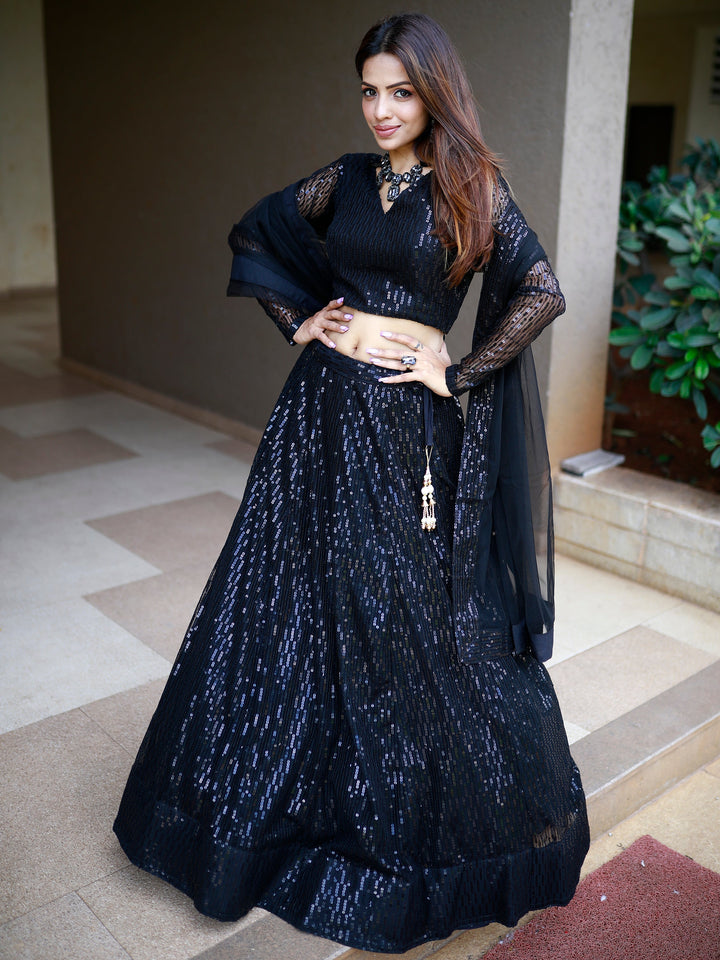 Incredible Black Sequins Net Reception Wear Lehenga Choli With Dupatta
