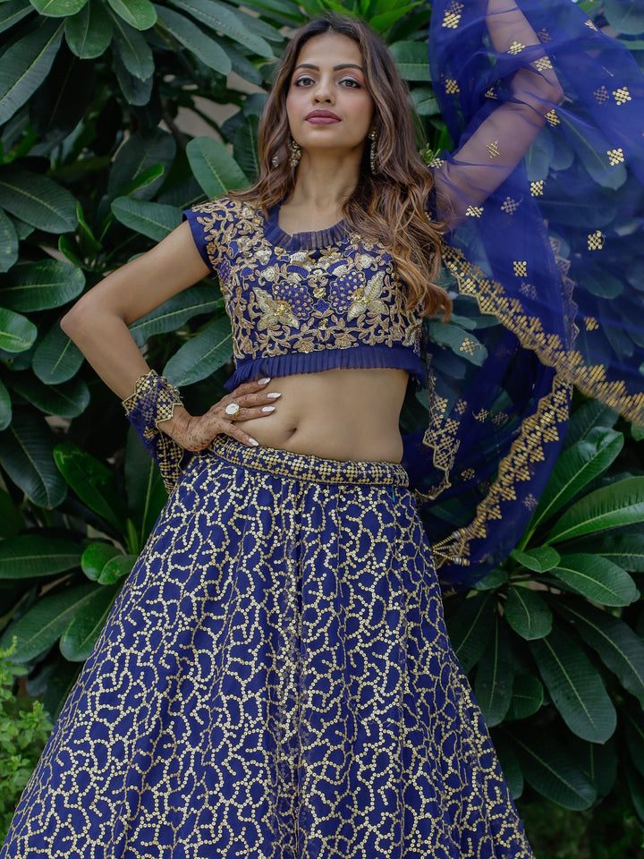 Beautiful Navy Blue Sequins Net Wedding Lehenga Choli With Dupatta
