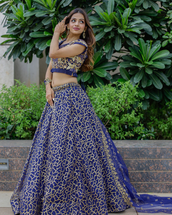 Beautiful Navy Blue Sequins Net Wedding Lehenga Choli With Dupatta
