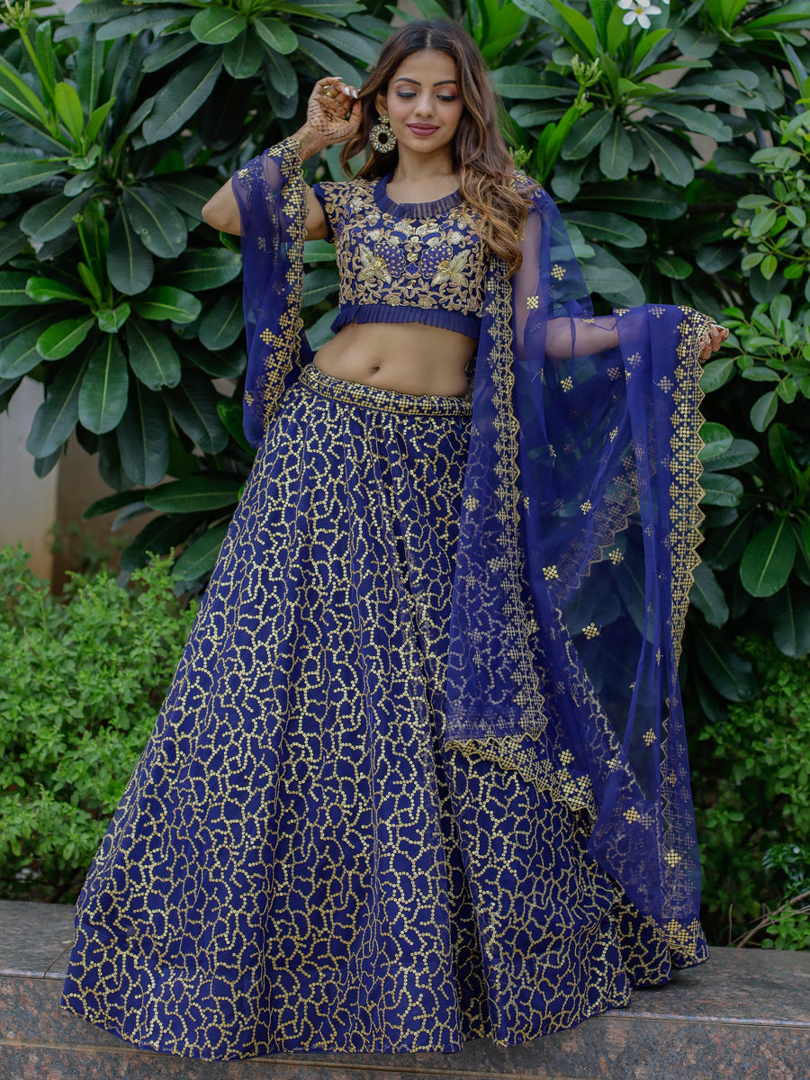 Beautiful Navy Blue Sequins Net Wedding Lehenga Choli With Dupatta