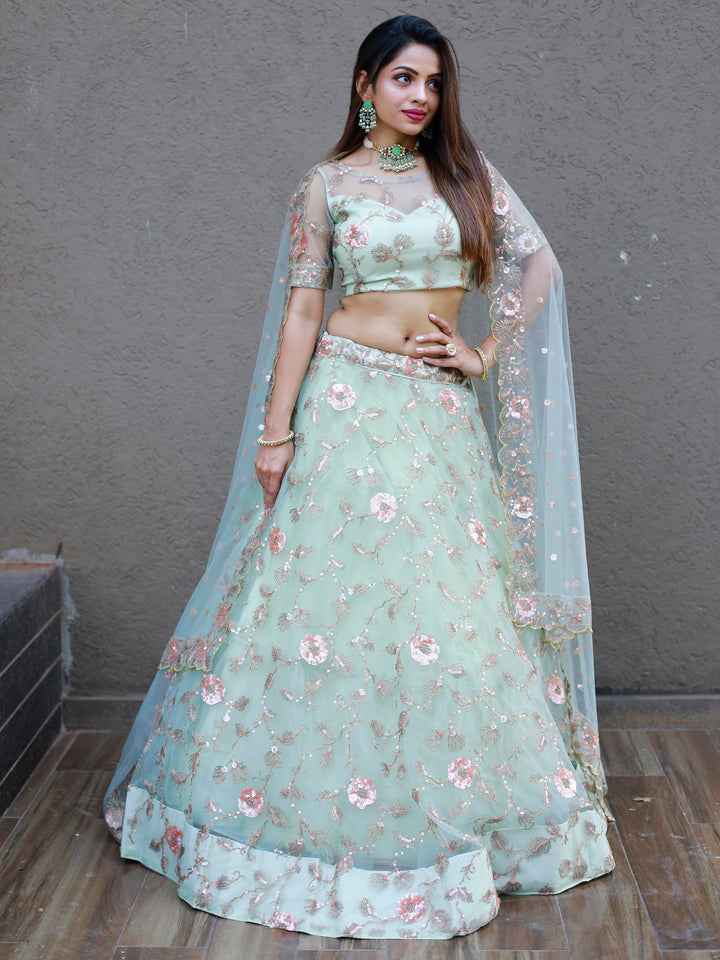 Sweet Pista Green Thread Embroidered Net Designer Lehenga Choli