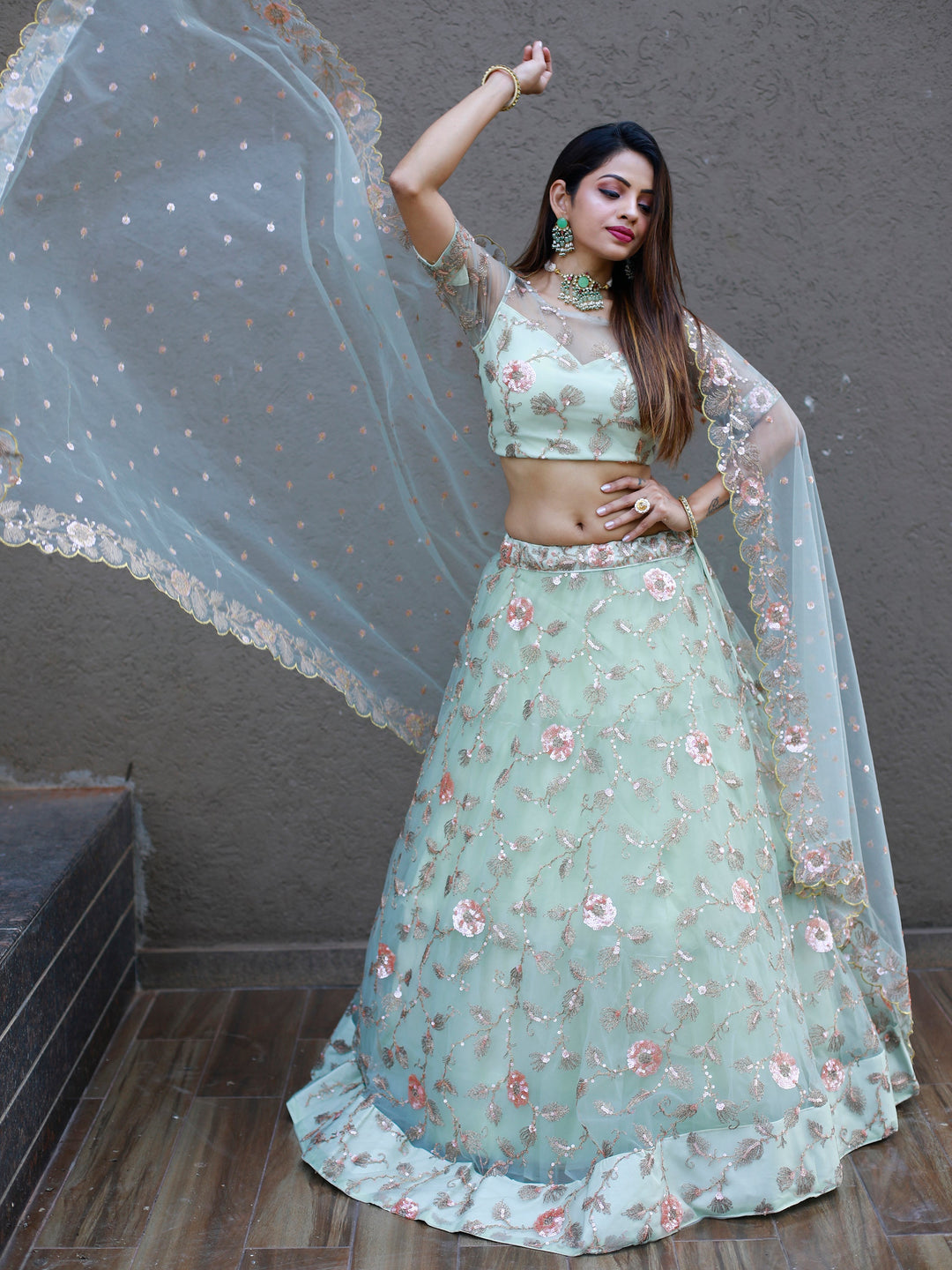 Sweet Pista Green Thread Embroidered Net Designer Lehenga Choli