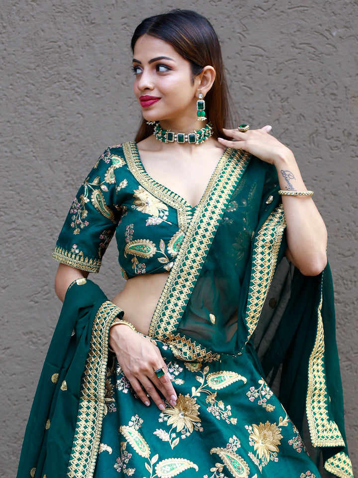 Glamorous Green Thread Embroidery Art Silk Wedding Lehenga Choli
