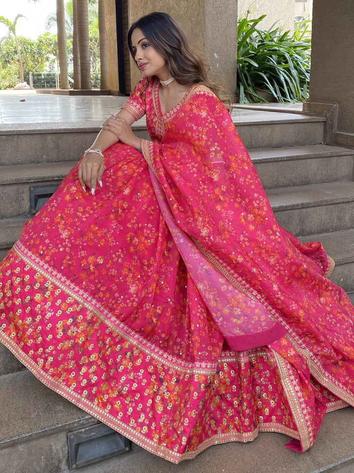 Outstanding Rani Pink Floral Printed | Organza Sangeet Wear Lehenga Choli Trendy