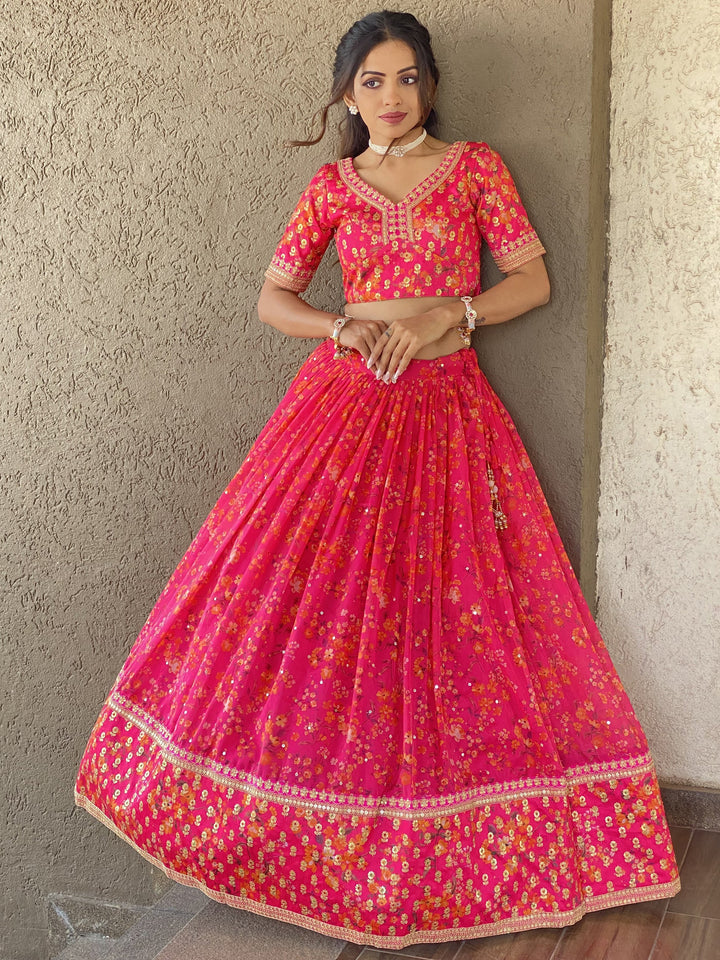 Outstanding Rani Pink Floral Printed | Organza Sangeet Wear Lehenga Choli Trendy