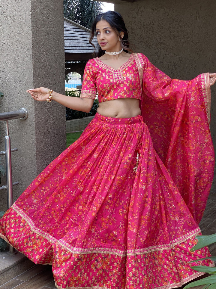 Outstanding Rani Pink Floral Printed | Organza Sangeet Wear Lehenga Choli Trendy