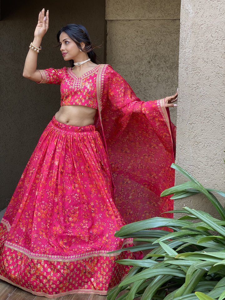 Outstanding Rani Pink Floral Printed | Organza Sangeet Wear Lehenga Choli Trendy