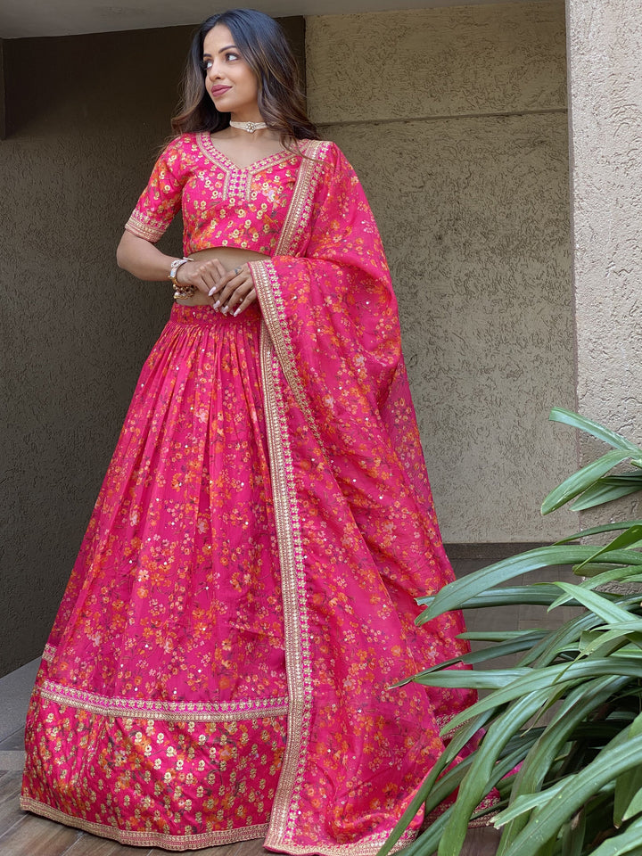Outstanding Rani Pink Floral Printed | Organza Sangeet Wear Lehenga Choli Trendy