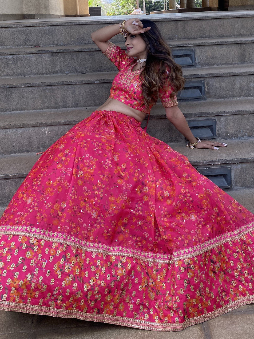 Outstanding Rani Pink Floral Printed | Organza Sangeet Wear Lehenga Choli Trendy