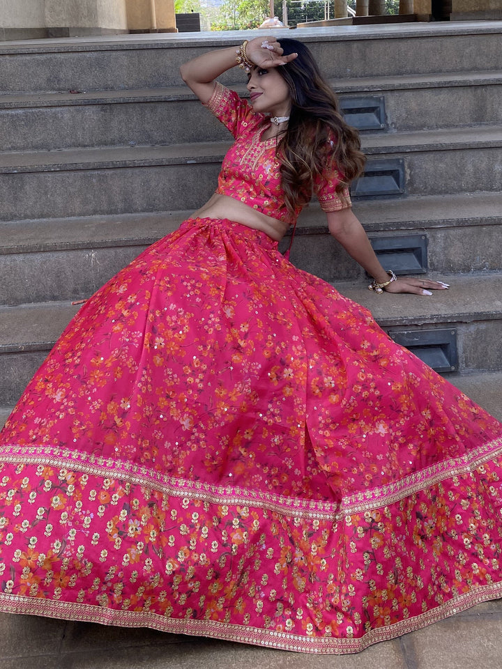 Outstanding Rani Pink Floral Printed | Organza Sangeet Wear Lehenga Choli Trendy