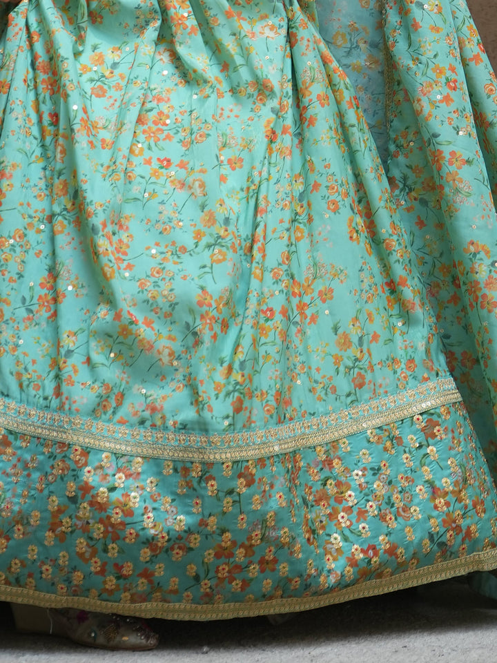 Alluring Sea Green Floral Printed Organza Lehenga Choli With Dupatta