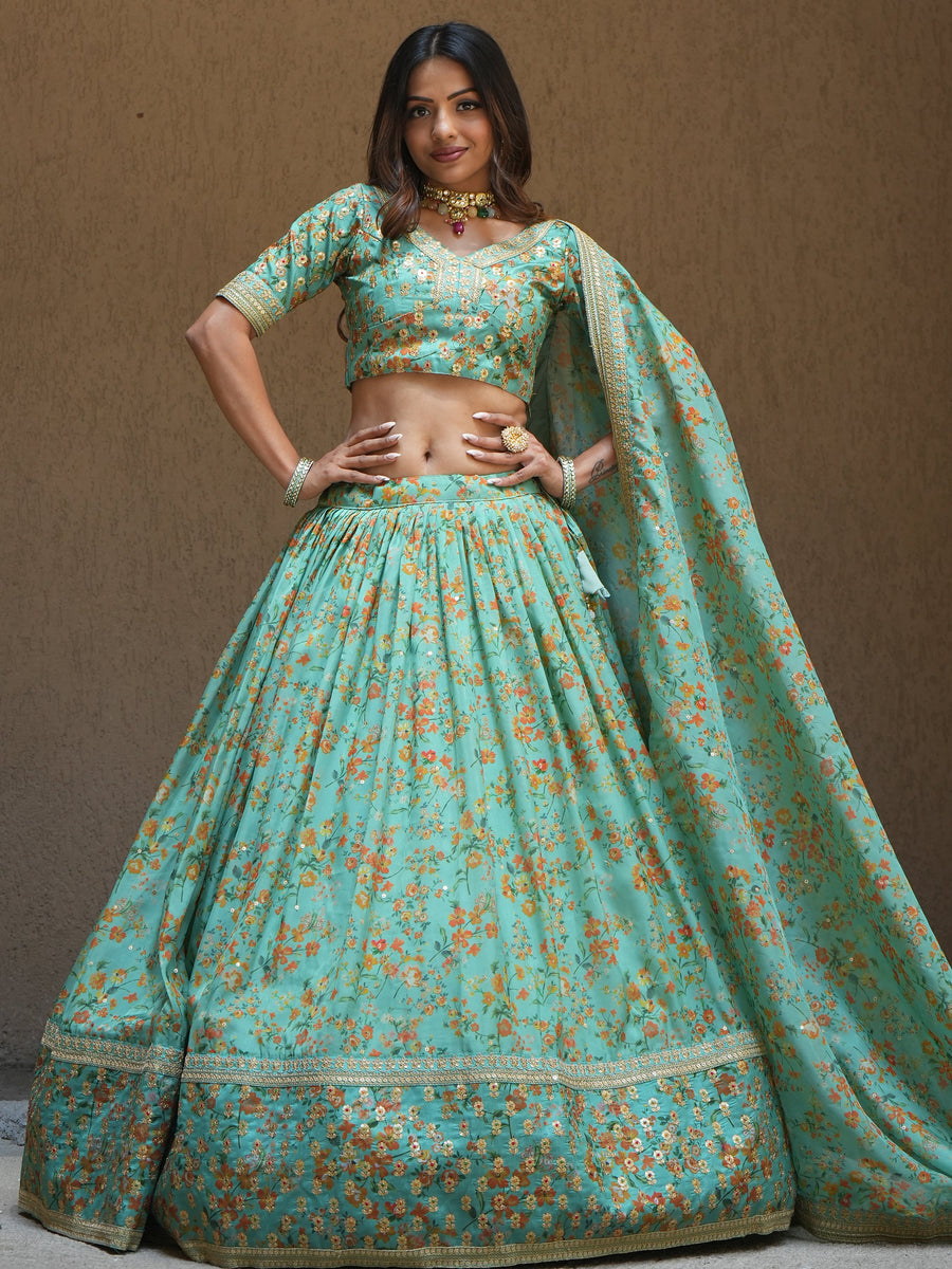 Alluring Sea Green Floral Printed Organza Lehenga Choli With Dupatta