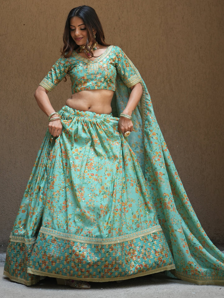 Alluring Sea Green Floral Printed Organza Lehenga Choli With Dupatta